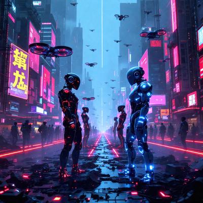 The primary subject of the image is a futuristic city scene featuring a group of robots standing on a red-lit street. The setting is a cityscape with tall buildings and neon lights, creating a vibrant and dynamic atmosphere. The visual style is a combination of digital art and illustration, giving the scene a unique and captivating appearance. The colors and mood are predominantly red and blue, with the red lights illuminating the scene and the blue hues adding a sense of depth and contrast.